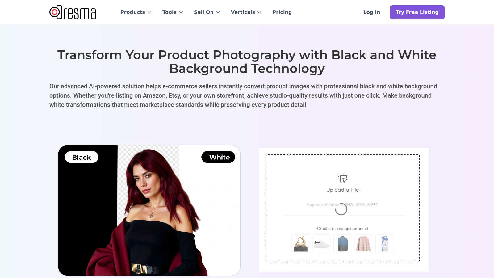 Black and white background application interface and features
