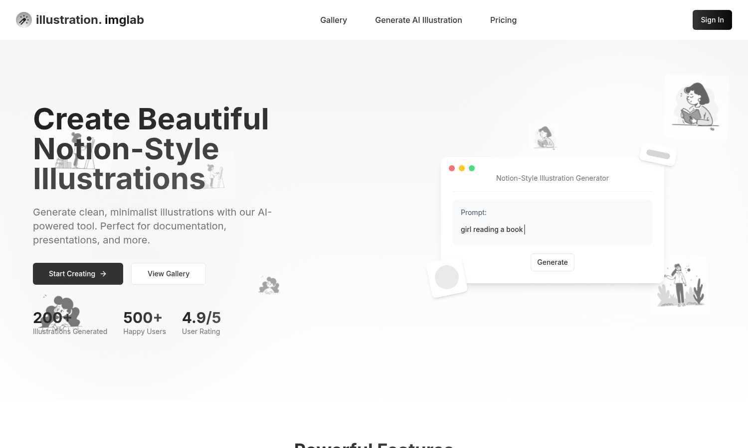 Notion Flat Style Illustration Generator application interface and features