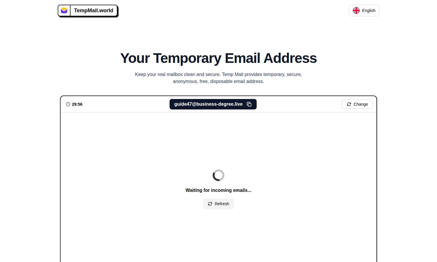 Tempmail.world application interface and features