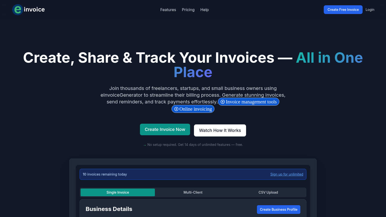 eInvoice Generator application interface and features