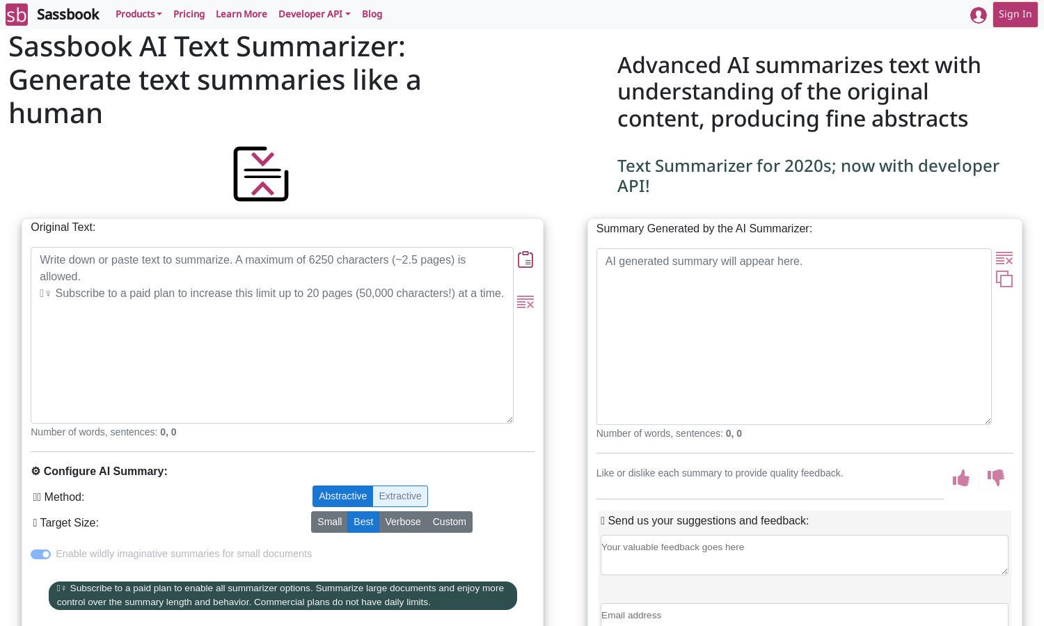 Sassbook AI Text Summarizer Website
